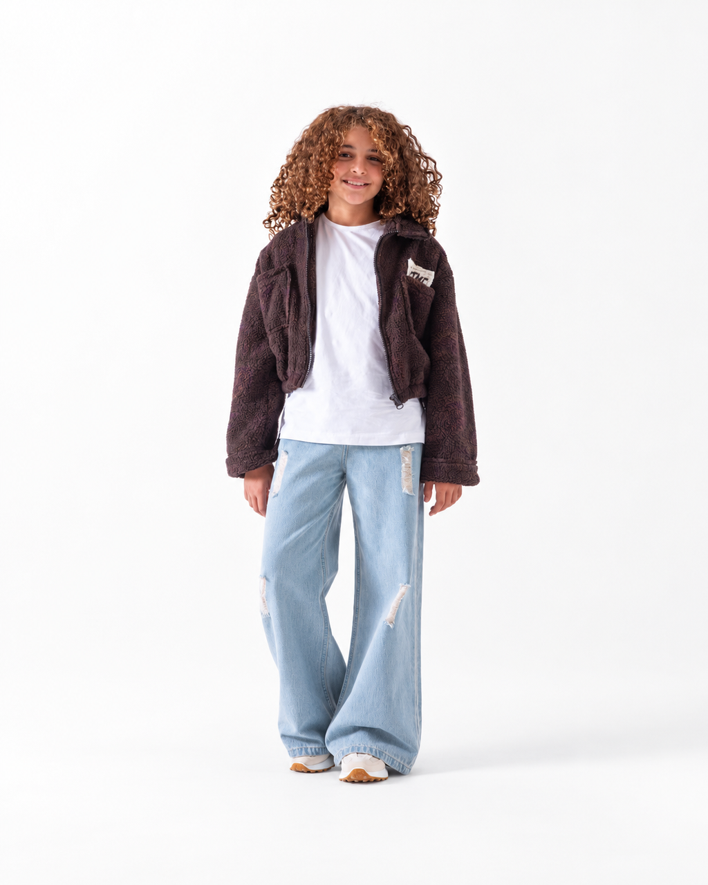 Girls' Textured Sherpa Zip Jacket (6-14 Yrs) - Brown