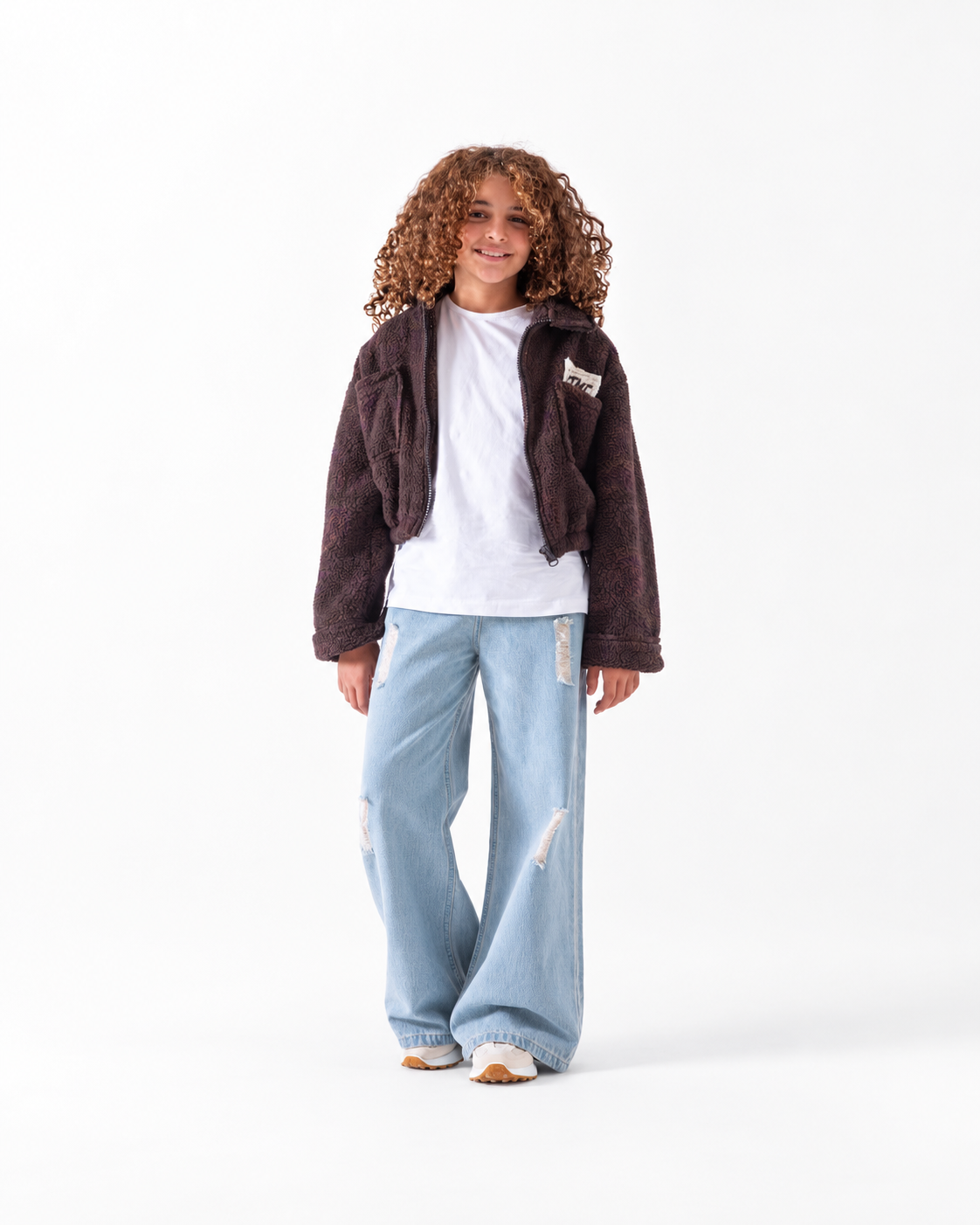 Girls' Textured Sherpa Zip Jacket (6-14 Yrs) - Brown