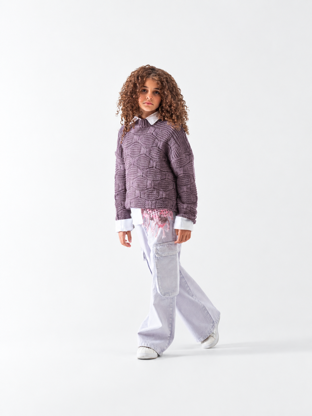Girls' Textured Cable Jumper - Mauve