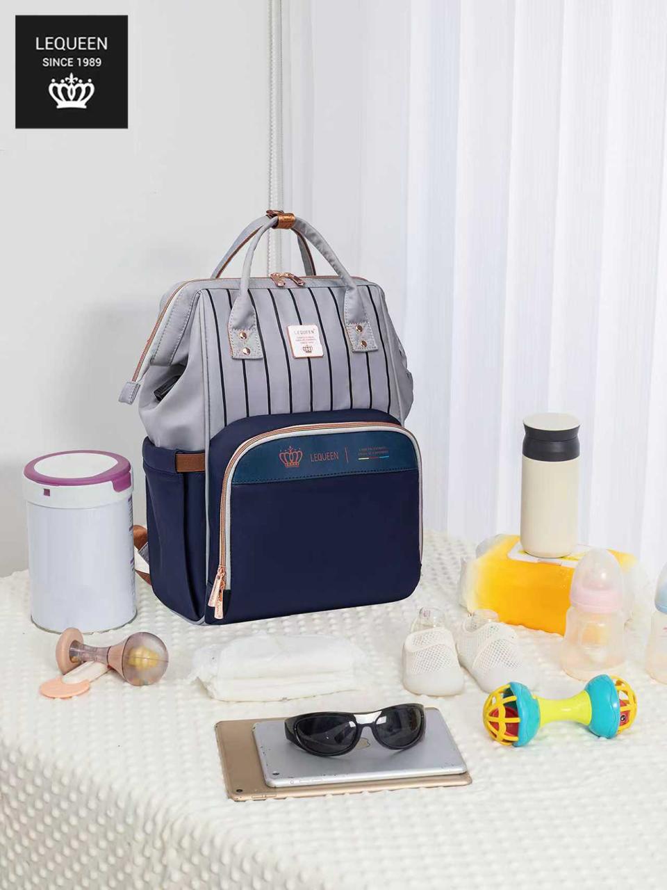 LEQUEEN Gen 8 Classic Diaper Backpack - Grey Pinstripe with Navy Base