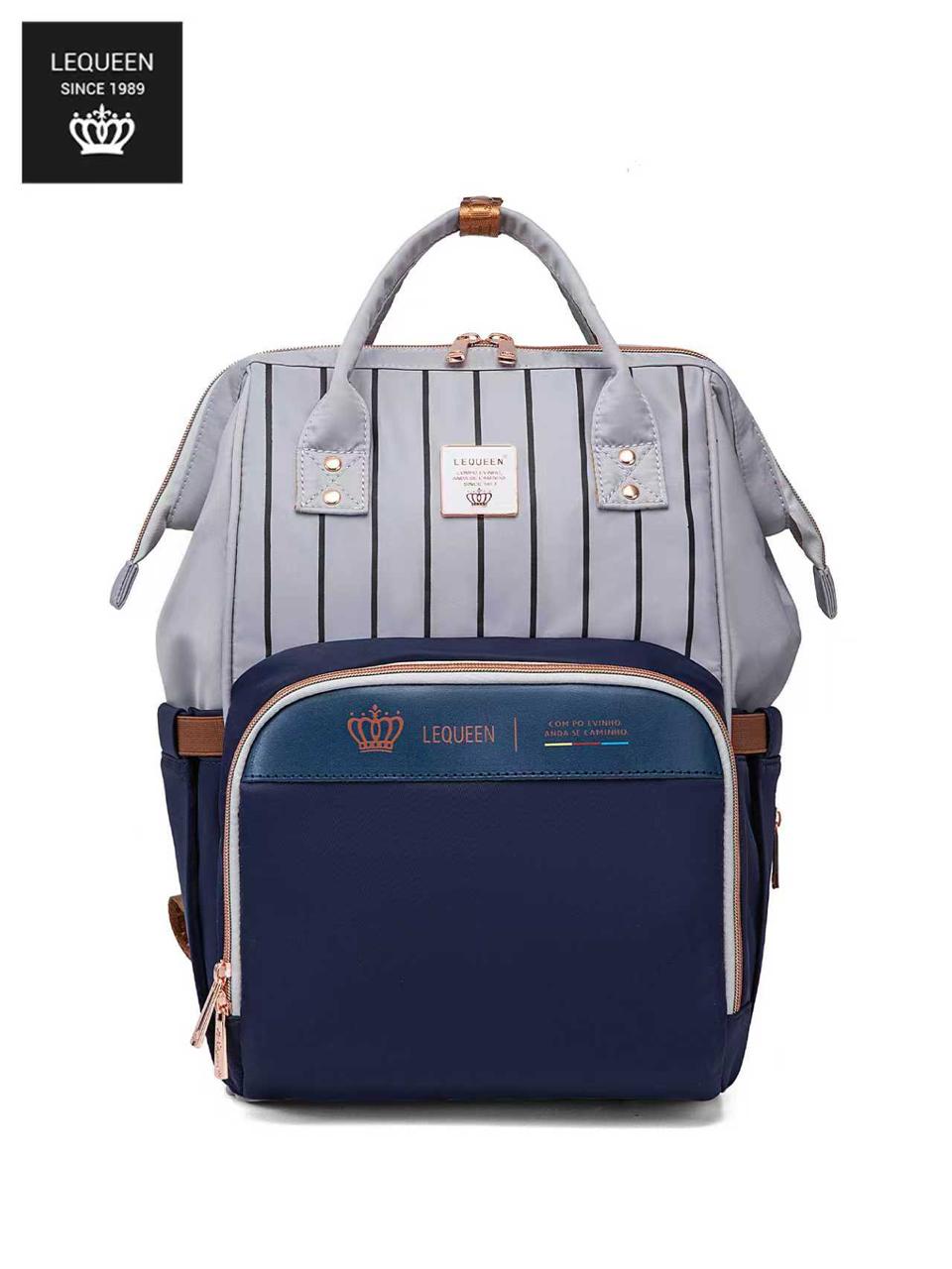 LEQUEEN Gen 8 Classic Diaper Backpack - Grey Pinstripe with Navy Base