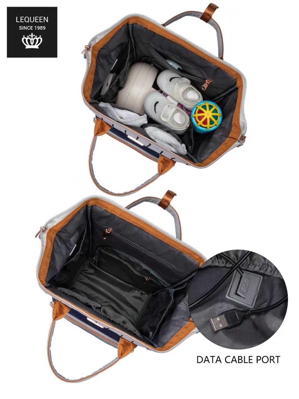 LEQUEEN Gen 8 Classic Diaper Backpack - Grey Pinstripe with Navy Base