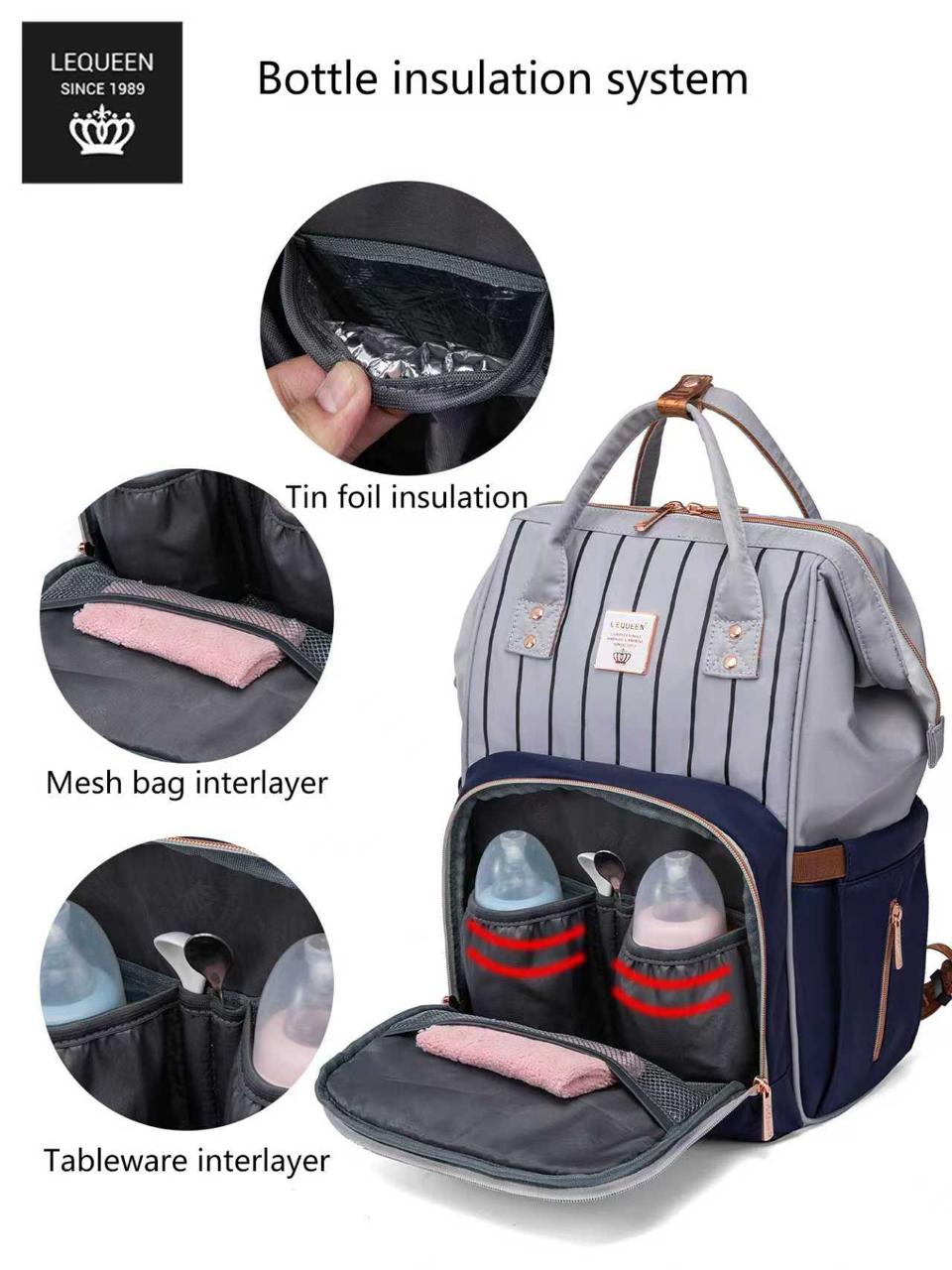 LEQUEEN Gen 8 Classic Diaper Backpack - Grey Pinstripe with Navy Base