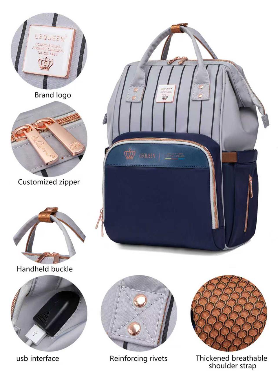 LEQUEEN Gen 8 Classic Diaper Backpack - Grey Pinstripe with Navy Base