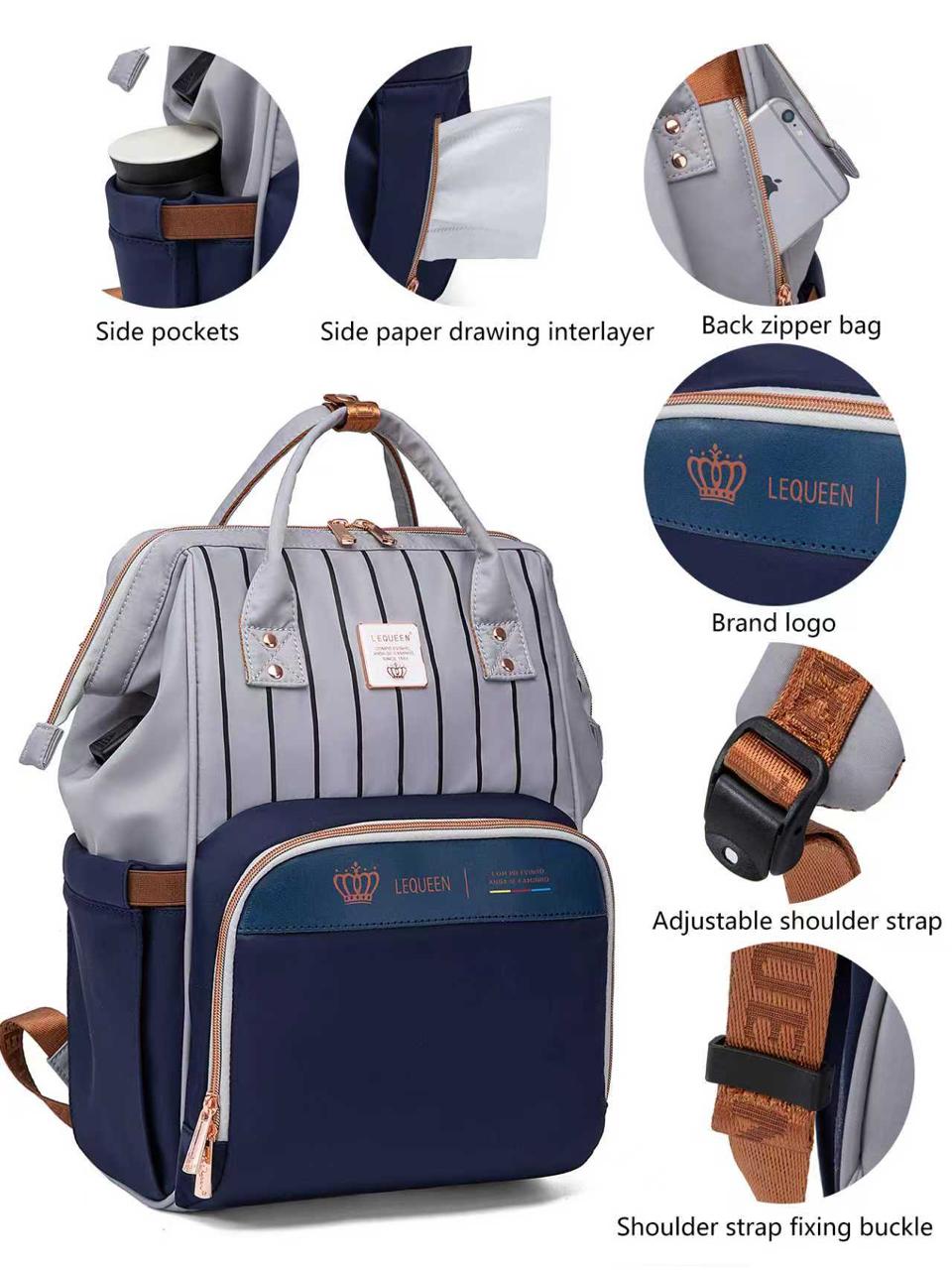 LEQUEEN Gen 8 Classic Diaper Backpack - Grey Pinstripe with Navy Base