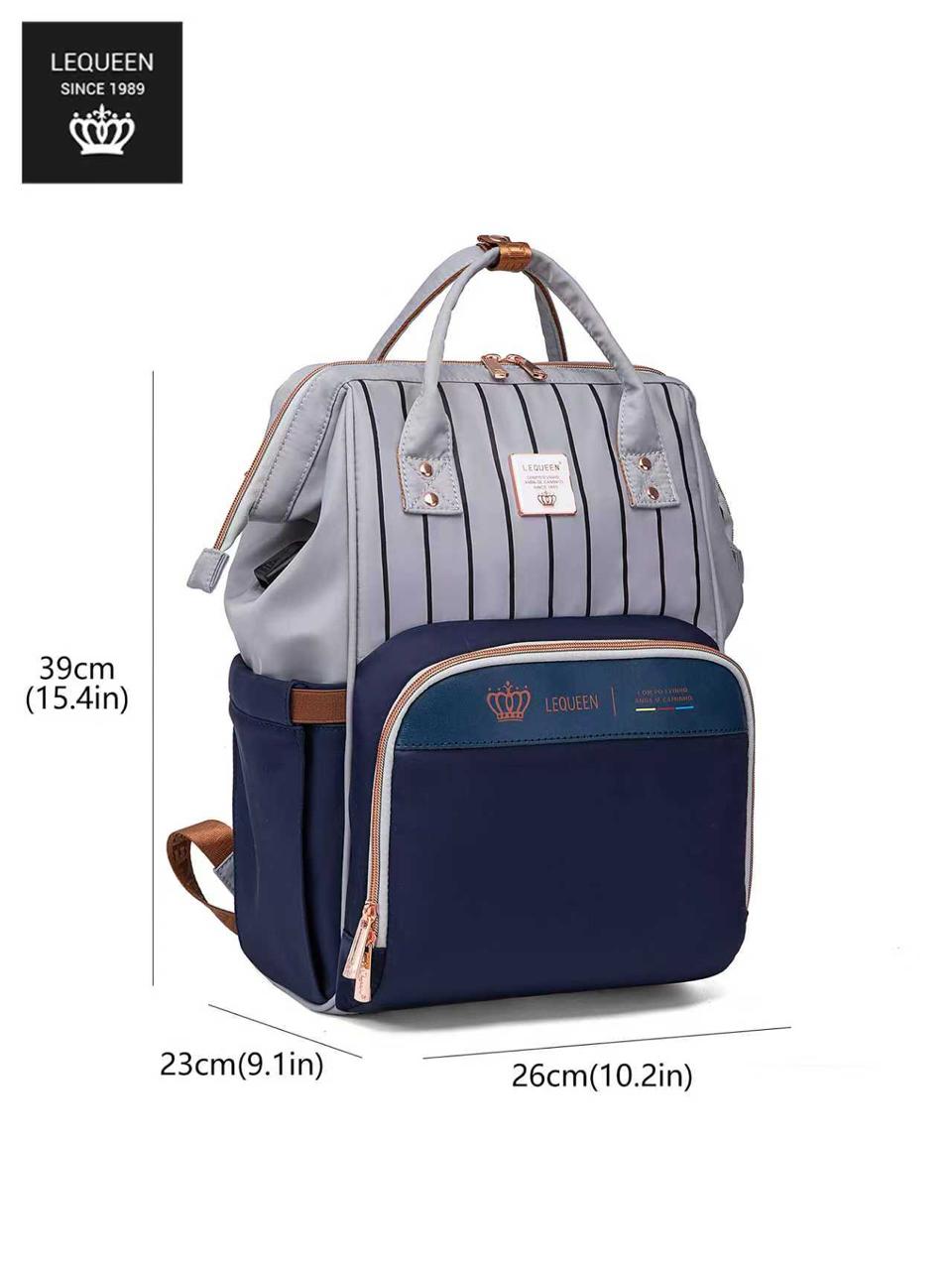 LEQUEEN Gen 8 Classic Diaper Backpack - Grey Pinstripe with Navy Base