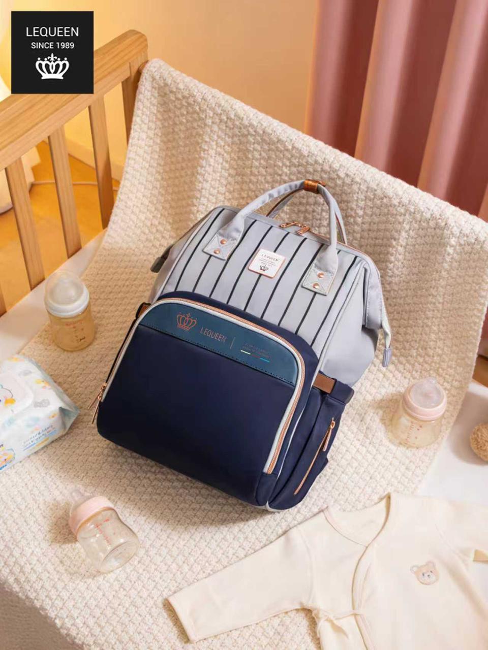 LEQUEEN Gen 8 Classic Diaper Backpack - Grey Pinstripe with Navy Base