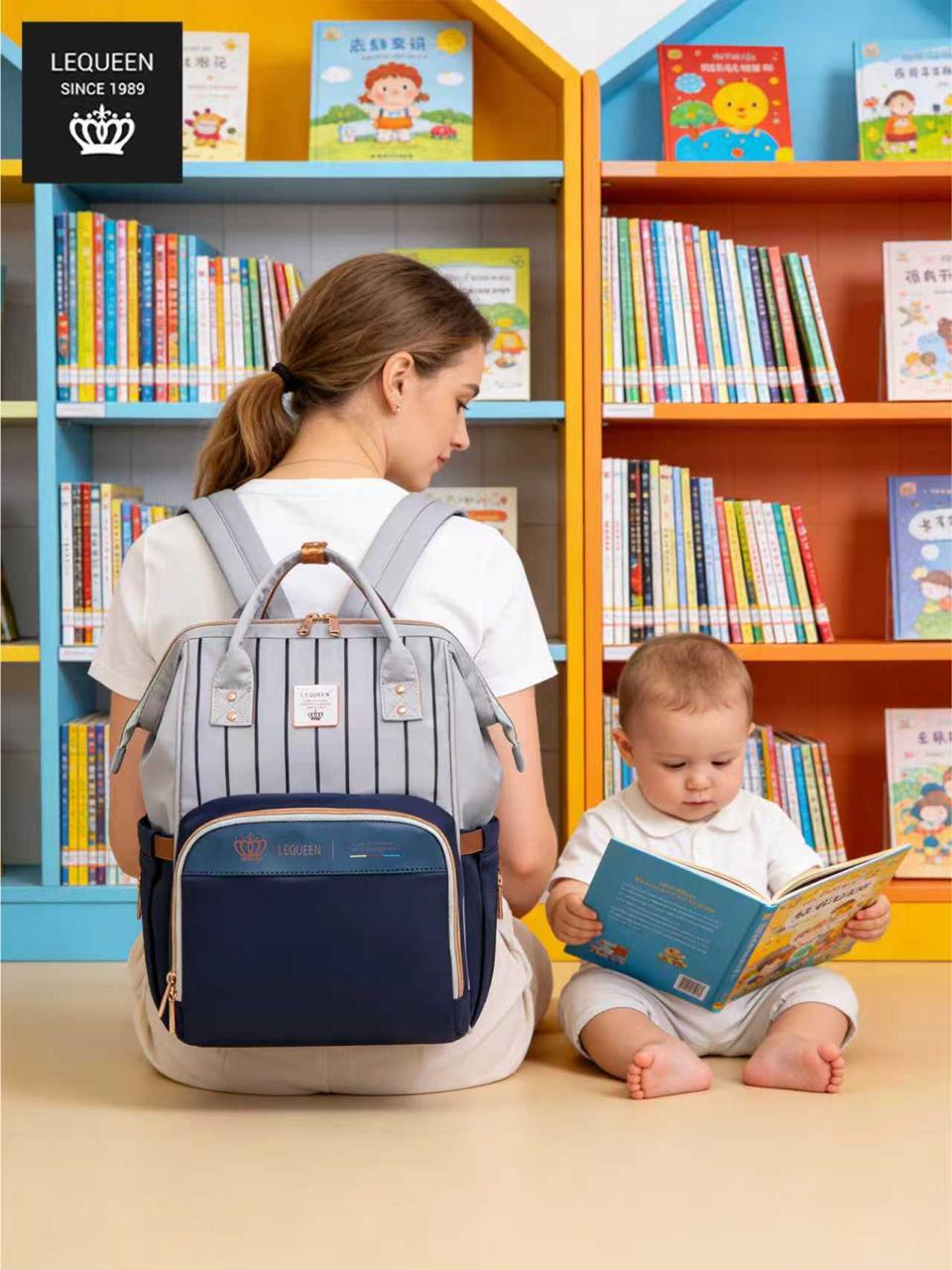 LEQUEEN Gen 8 Classic Diaper Backpack - Grey Pinstripe with Navy Base