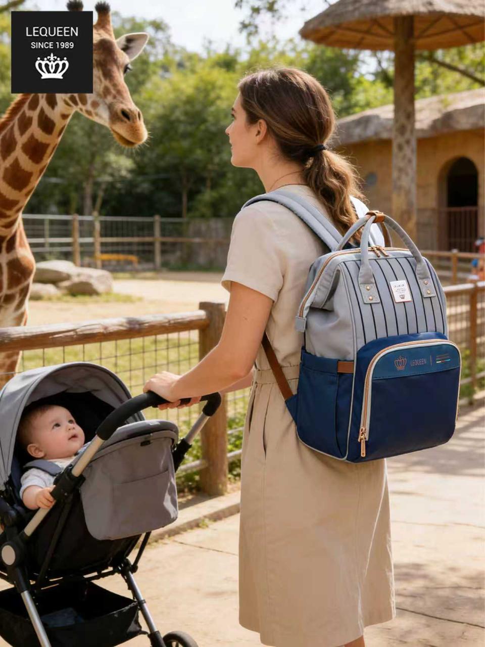LEQUEEN Gen 8 Classic Diaper Backpack - Grey Pinstripe with Navy Base
