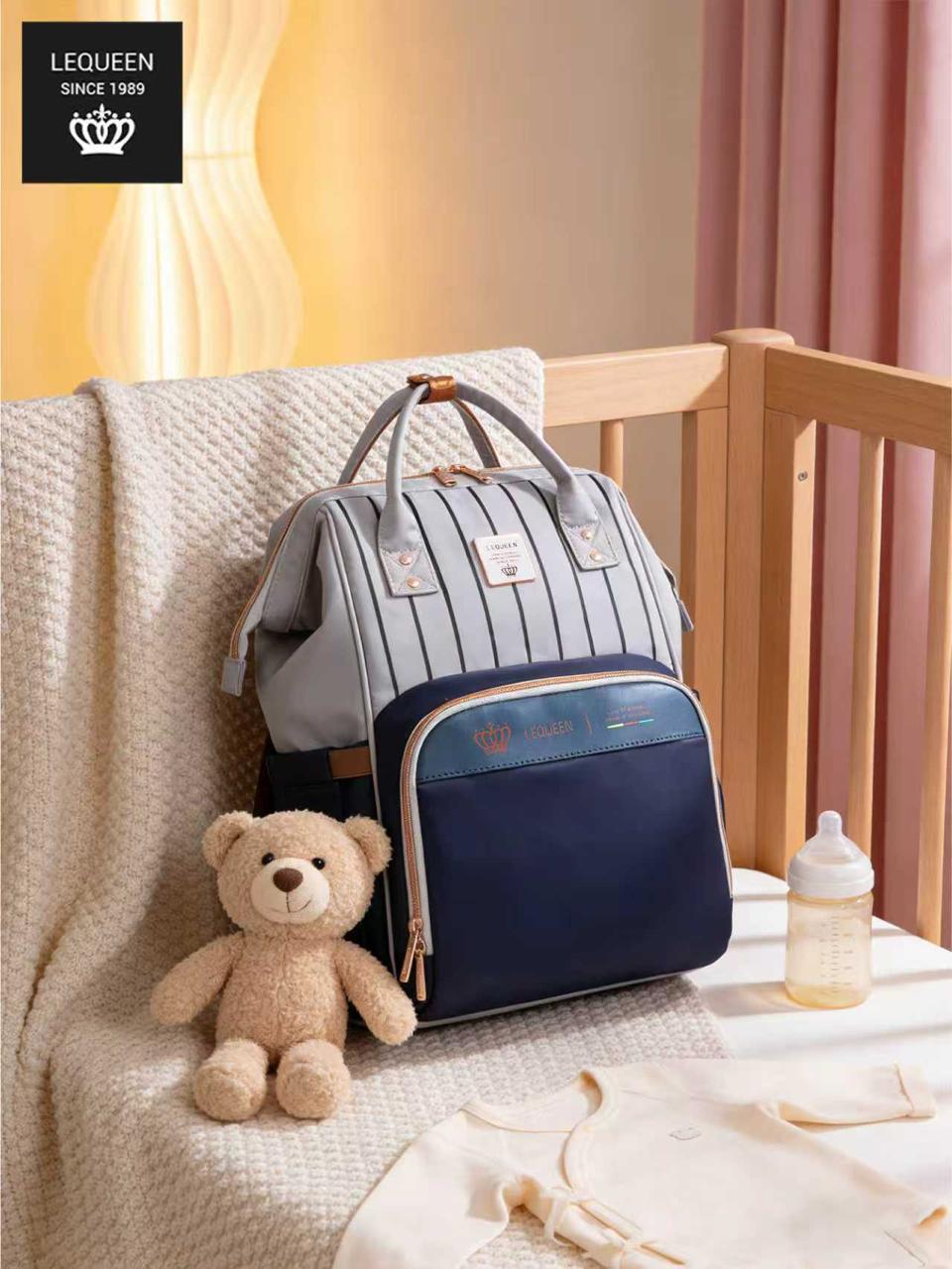 LEQUEEN Gen 8 Classic Diaper Backpack - Grey Pinstripe with Navy Base