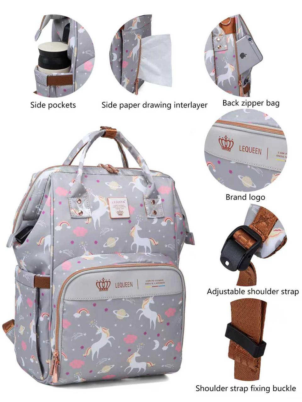 LEQUEEN Gen 8 Classic Diaper Backpack - Grey Unicorn Print