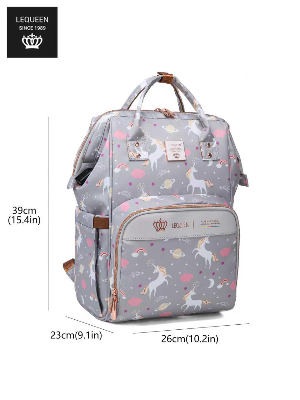 LEQUEEN Gen 8 Classic Diaper Backpack - Grey Unicorn Print