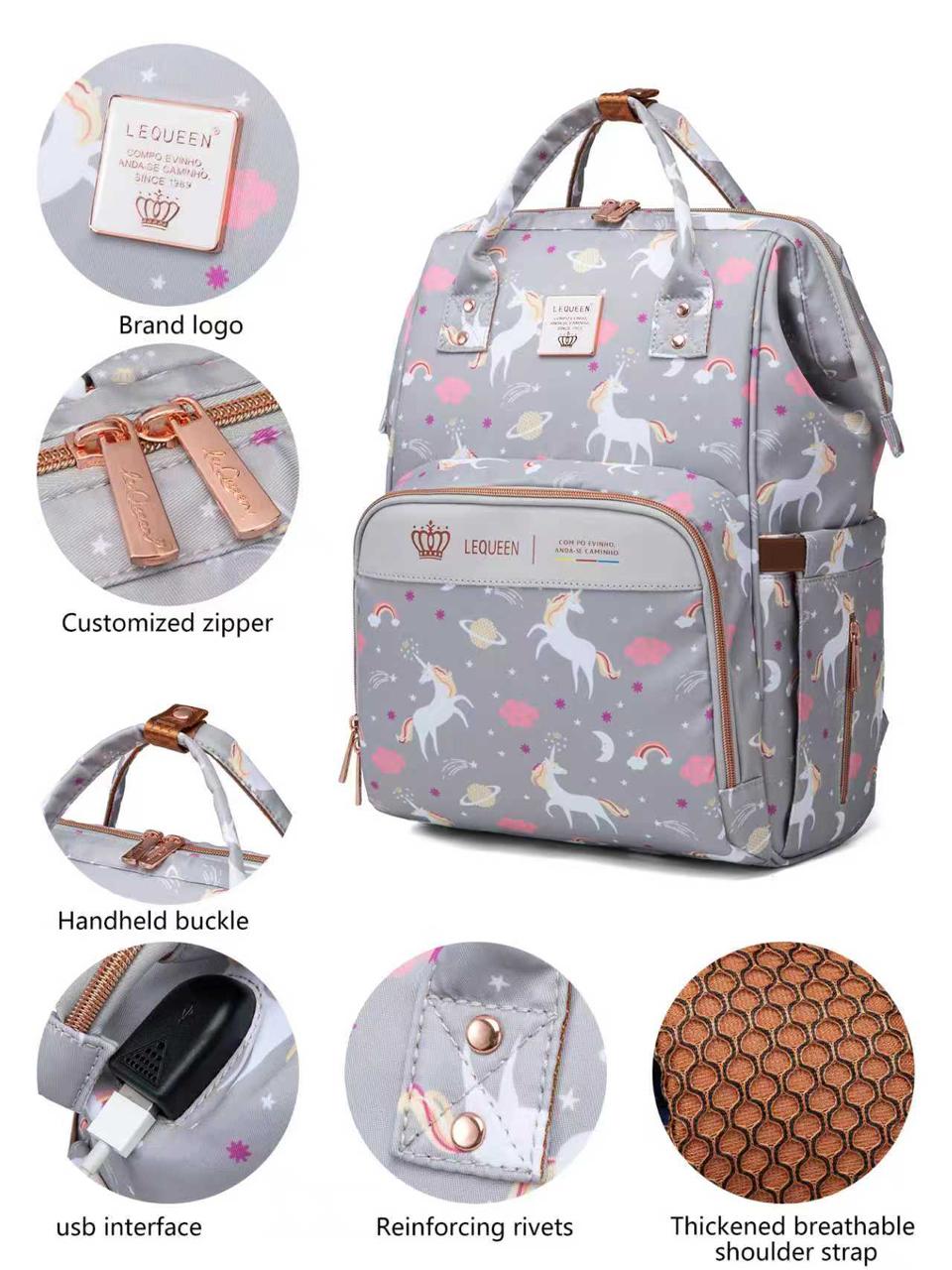 LEQUEEN Gen 8 Classic Diaper Backpack - Grey Unicorn Print