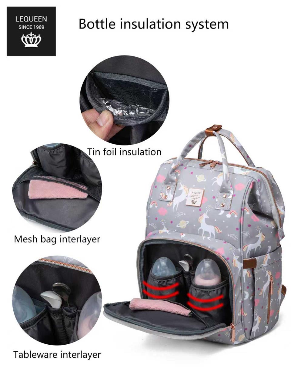 LEQUEEN Gen 8 Classic Diaper Backpack - Grey Unicorn Print