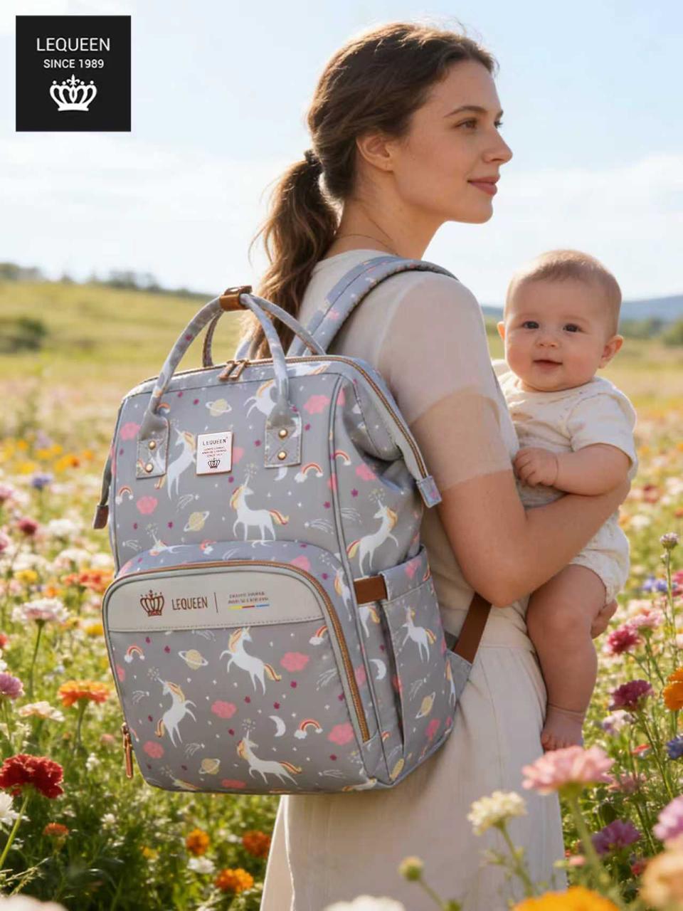 LEQUEEN Gen 8 Classic Diaper Backpack - Grey Unicorn Print