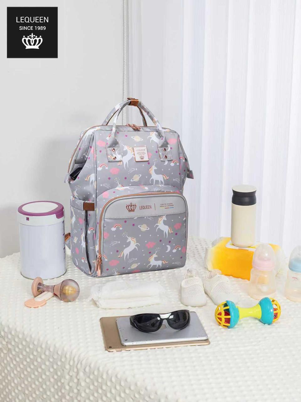 LEQUEEN Gen 8 Classic Diaper Backpack - Grey Unicorn Print