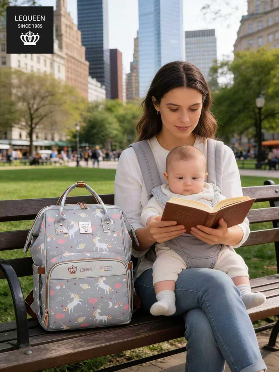 LEQUEEN Gen 8 Classic Diaper Backpack - Grey Unicorn Print