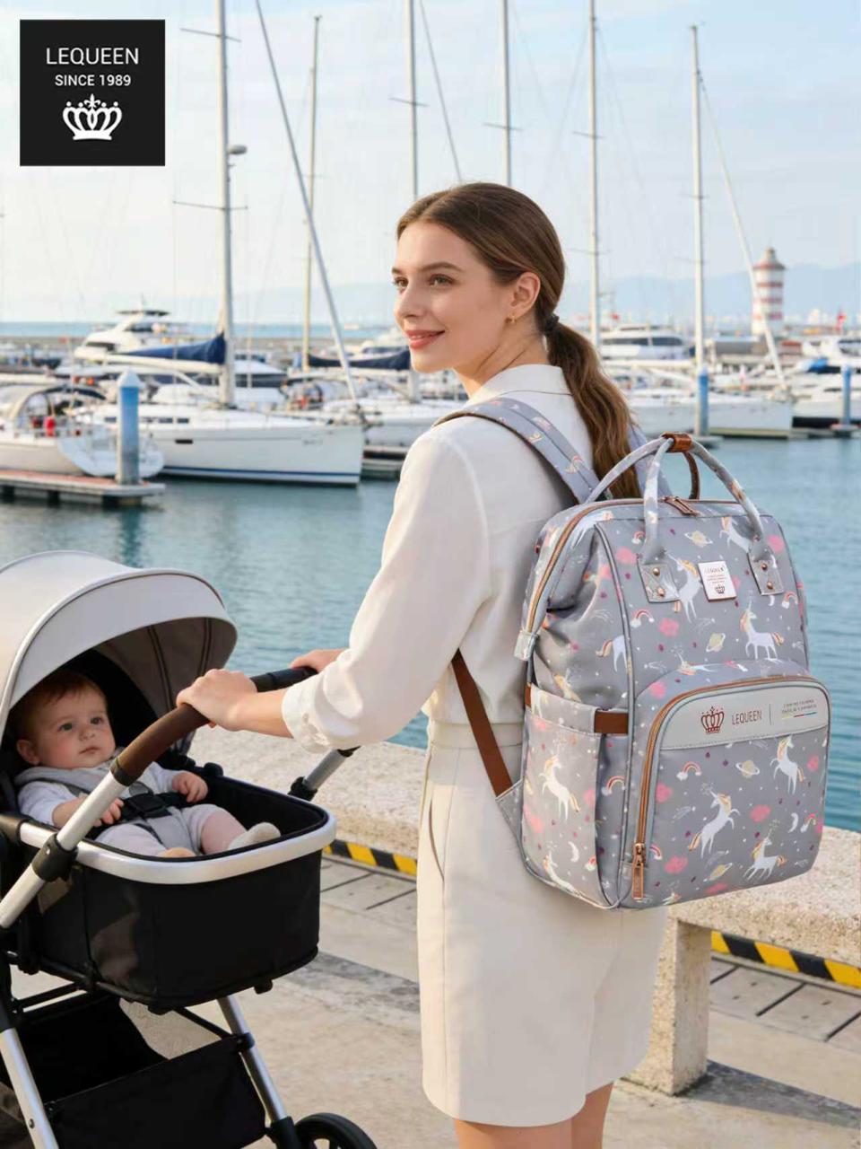 LEQUEEN Gen 8 Classic Diaper Backpack - Grey Unicorn Print