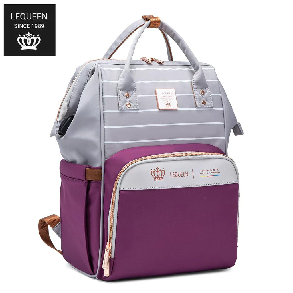 LEQUEEN Gen 8 Classic Diaper Backpack - Grey Pinstripe with Purple Base