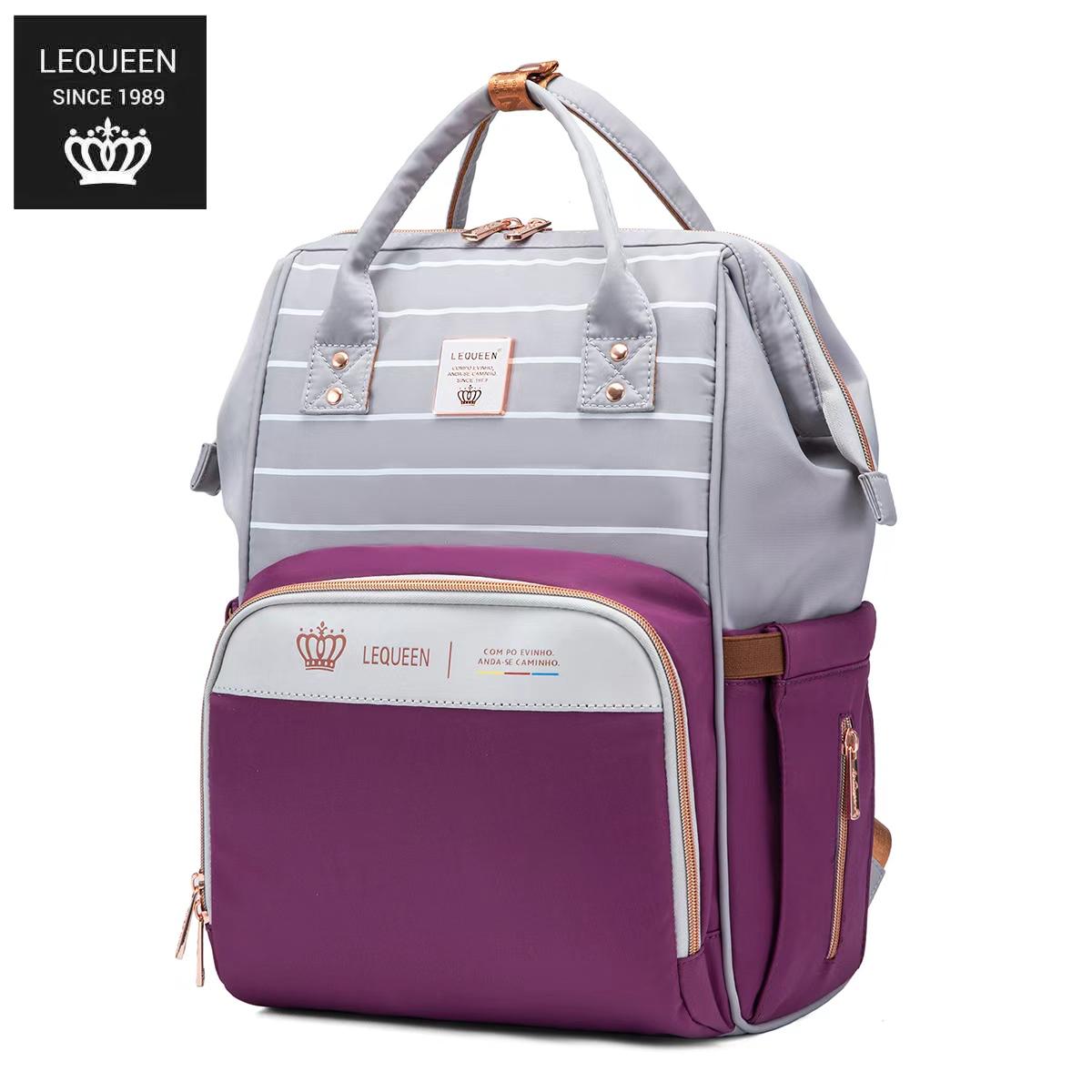 LEQUEEN Gen 8 Classic Diaper Backpack - Grey Pinstripe with Purple Base