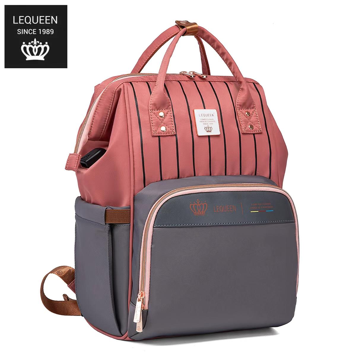 LEQUEEN Gen 8 Classic Diaper Backpack - Coral Pinstripe with Grey Base
