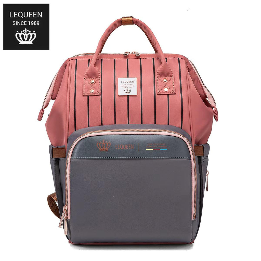 LEQUEEN Gen 8 Classic Diaper Backpack - Coral Pinstripe with Grey Base