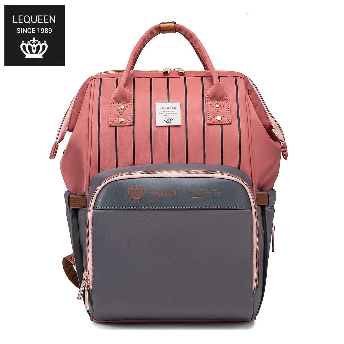 LEQUEEN Gen 8 Classic Diaper Backpack - Coral Pinstripe with Grey Base