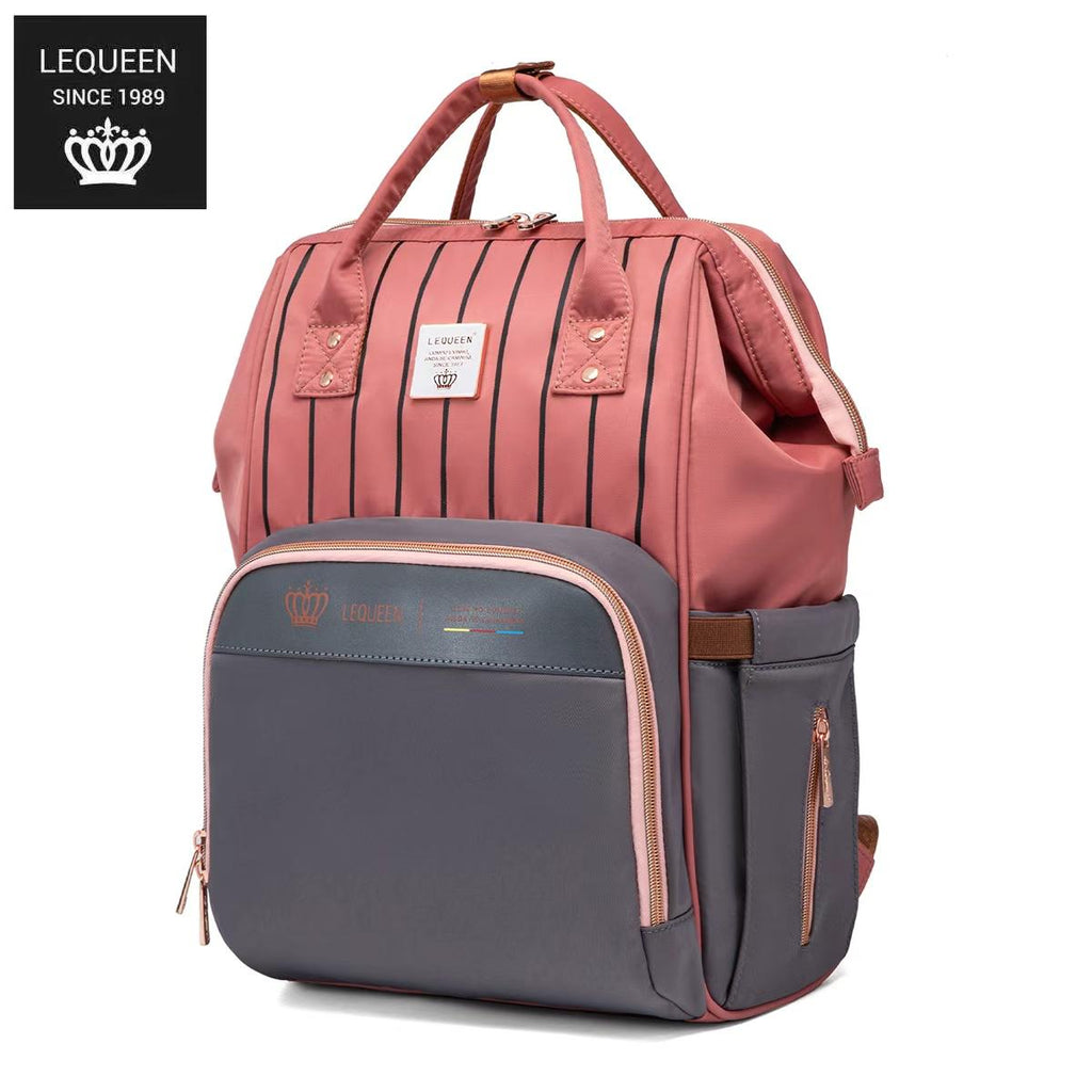 LEQUEEN Gen 8 Classic Diaper Backpack - Coral Pinstripe with Grey Base