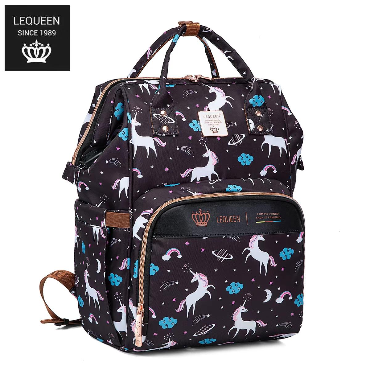 LEQUEEN Gen 8 Classic Diaper Backpack - Black Unicorn Print