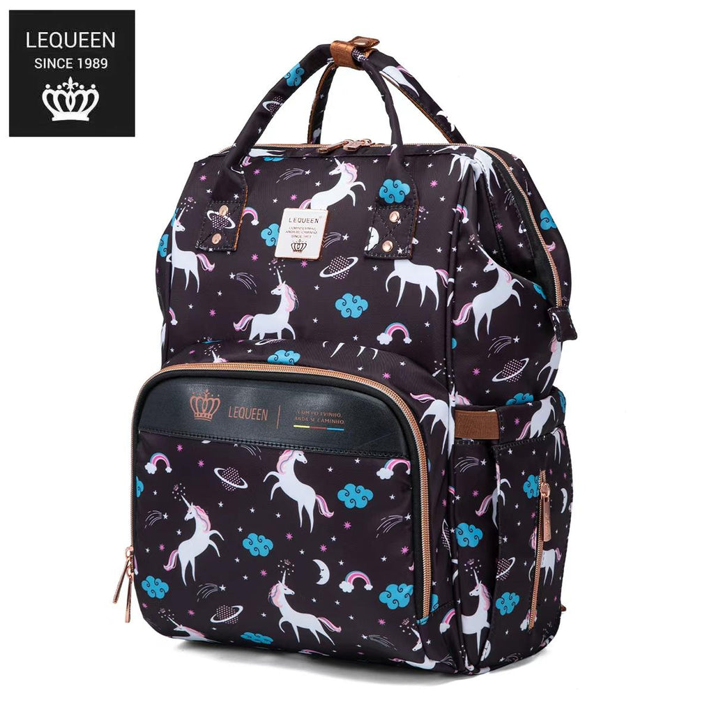 LEQUEEN Gen 8 Classic Diaper Backpack - Black Unicorn Print