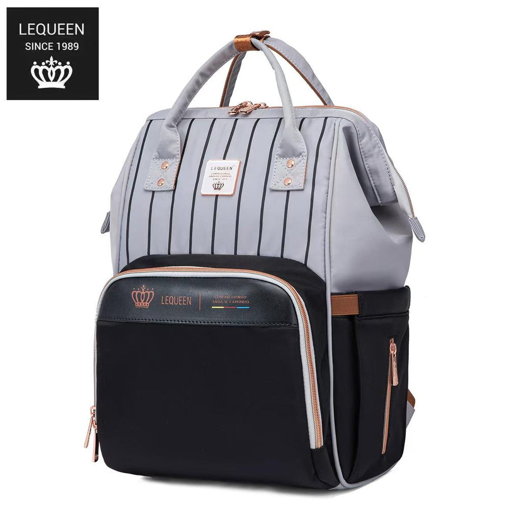 LEQUEEN Gen 8 Classic Diaper Backpack - Grey Pinstripe with Black Base
