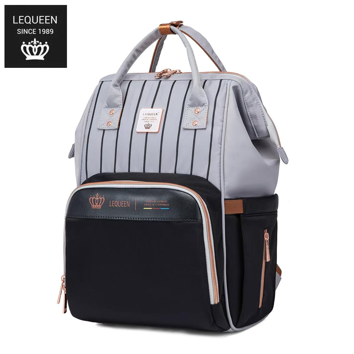 LEQUEEN Gen 8 Classic Diaper Backpack - Grey Pinstripe with Black Base