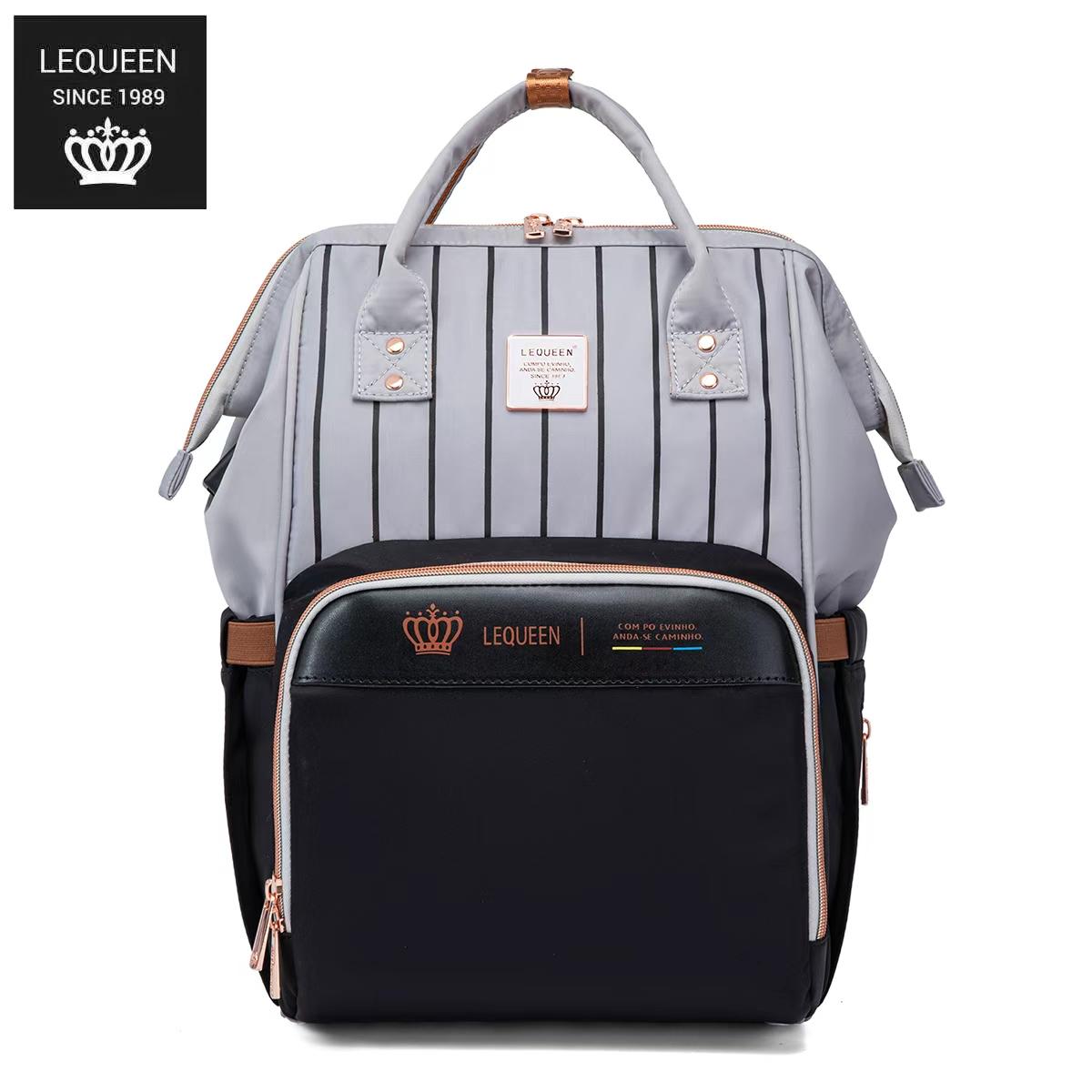 LEQUEEN Gen 8 Classic Diaper Backpack - Grey Pinstripe with Black Base