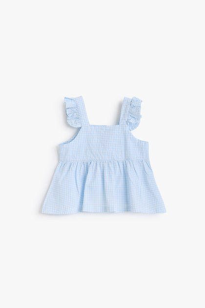 Baby Girls Gingham Seersucker Top with Ruffle Straps & Back Bow