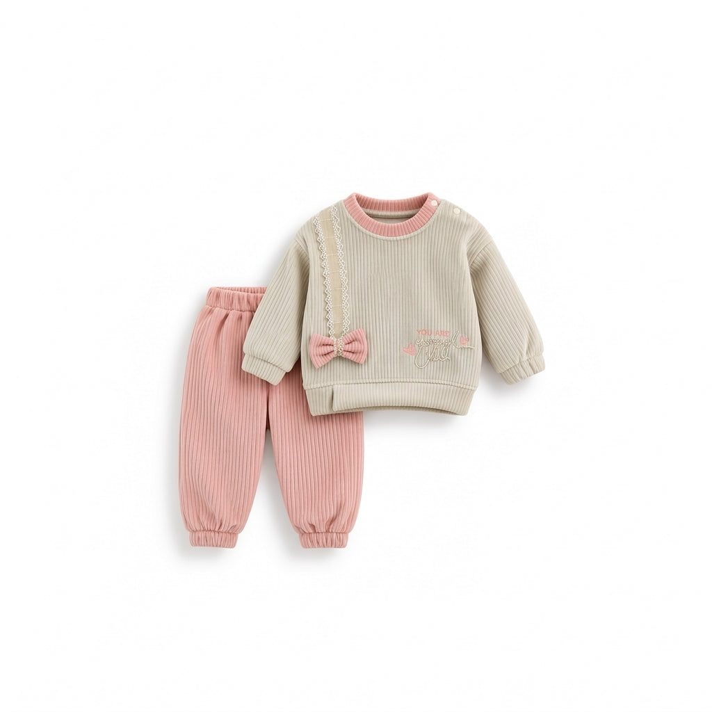 Girls' Bow Satchel Ribbed Velour Set - Pink