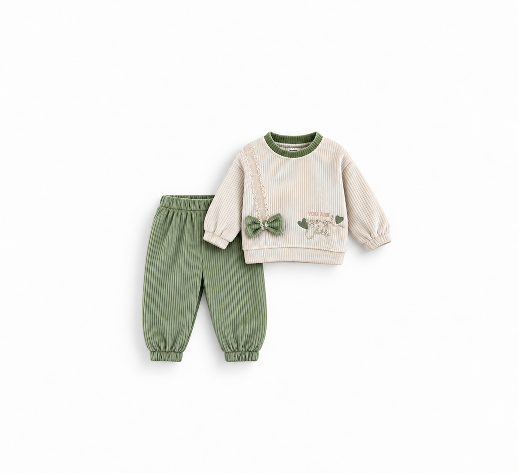 Girls' Bow Satchel Ribbed Velour Set - Sage
