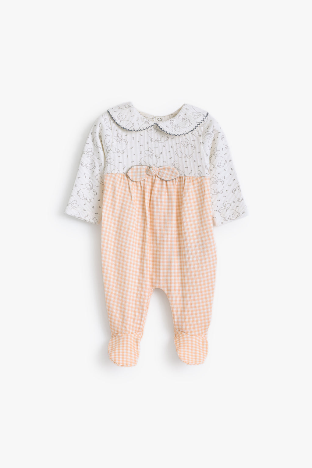 Junior Hello Bunny Collared Footed Sleepsuit - Apricot Gingham