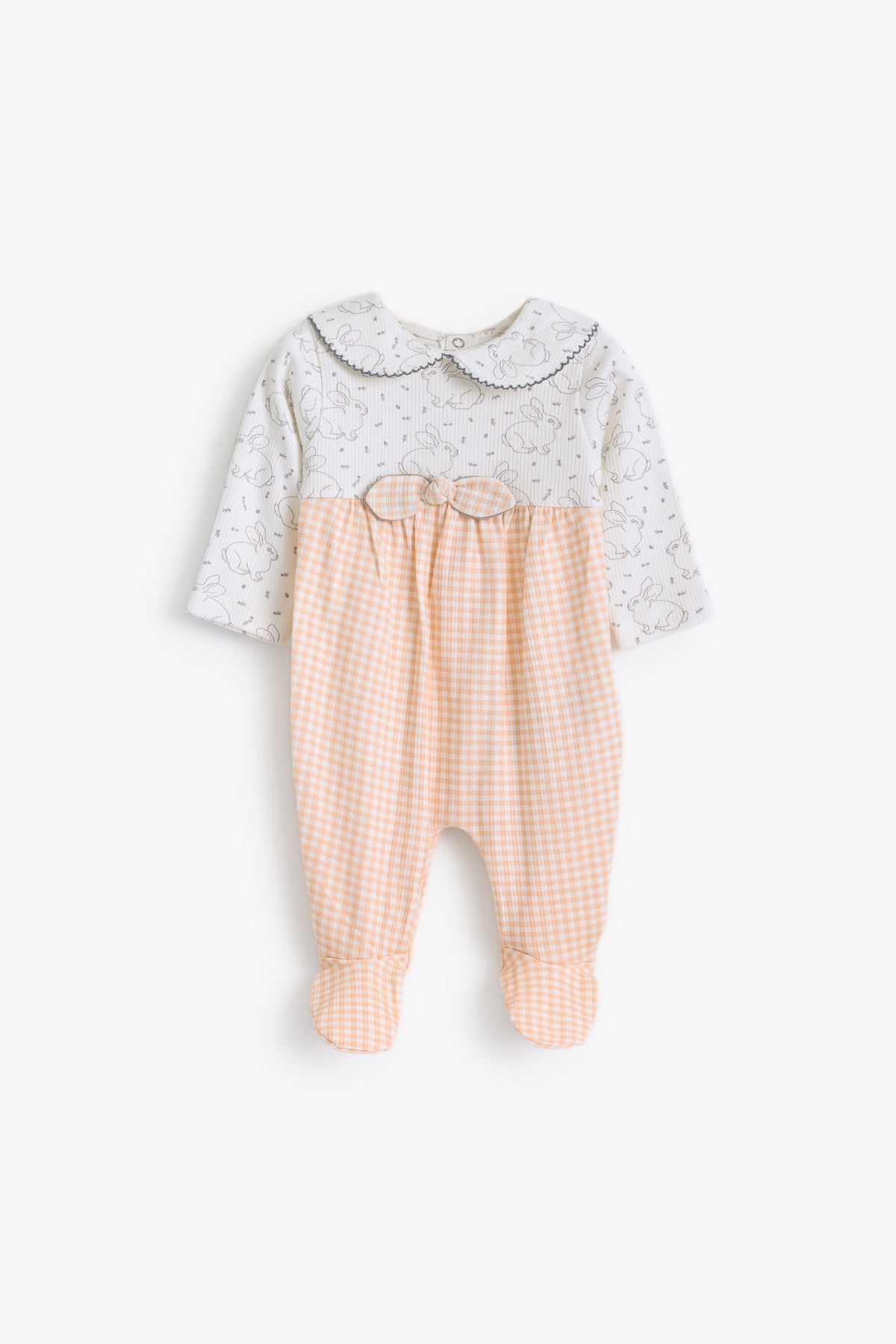 Junior Hello Bunny Collared Footed Sleepsuit - Apricot Gingham