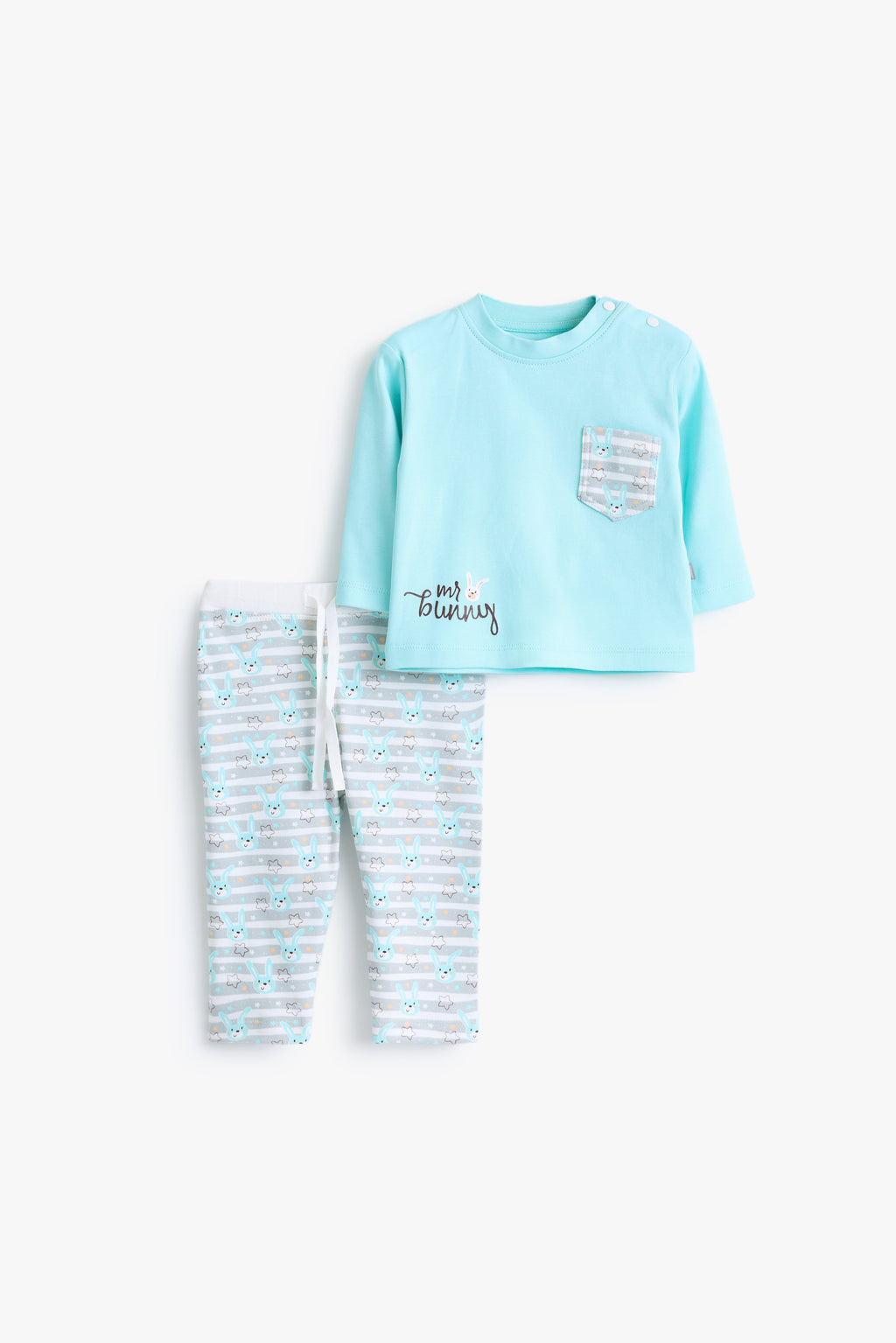 Junior Mr Bunny Pocket Top & Footed Bottom Set - Aqua