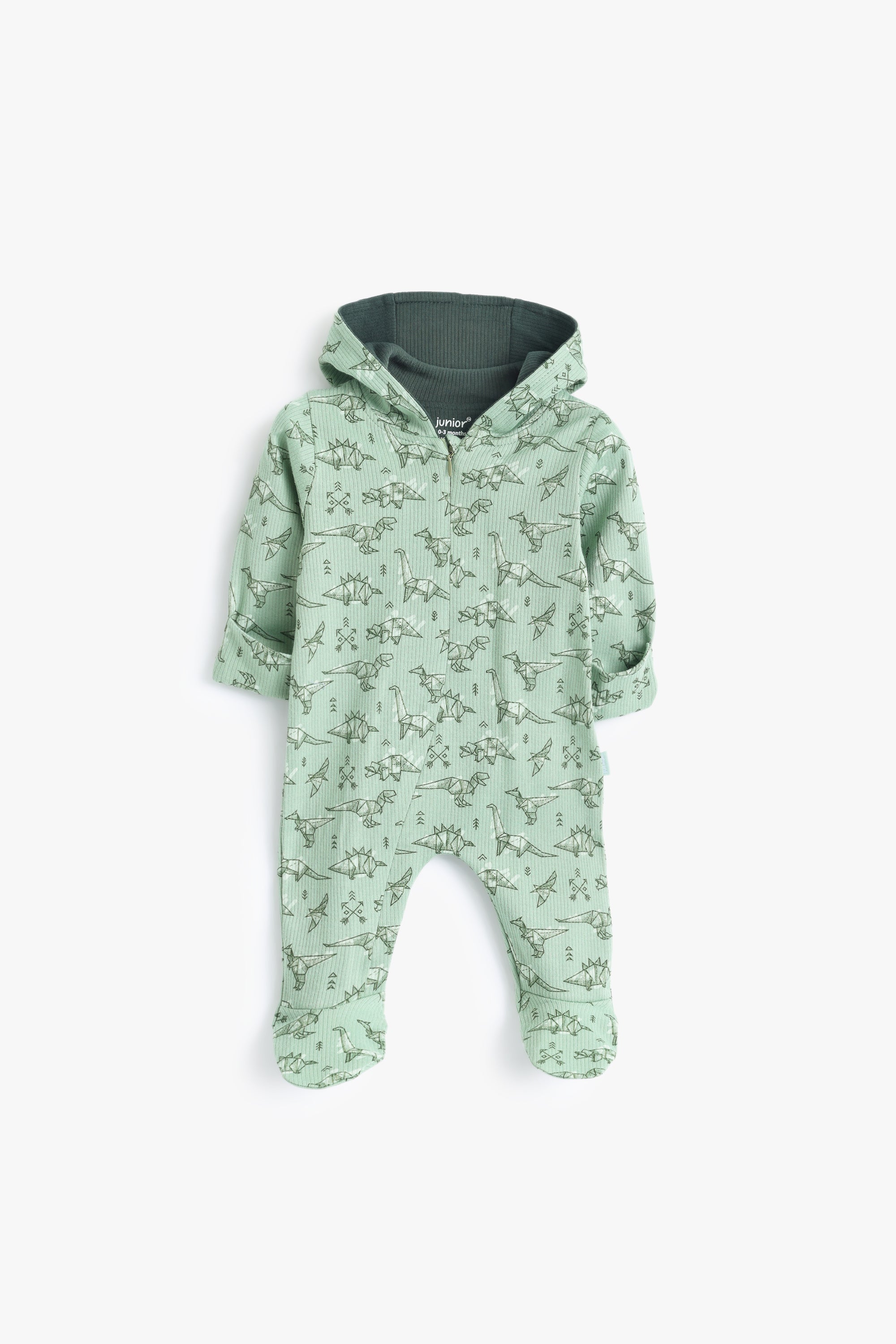 Junior Baby Dino Hooded Footed Sleepsuit - Sage