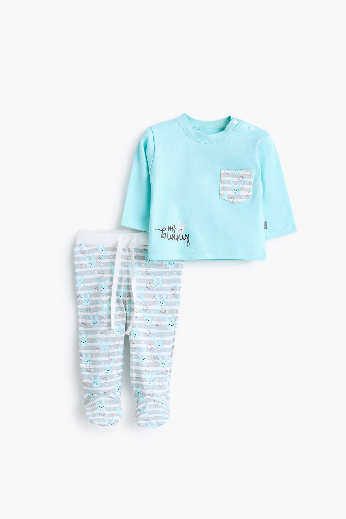 Junior Mr Bunny Pocket Top & Footed Bottom Set - Aqua