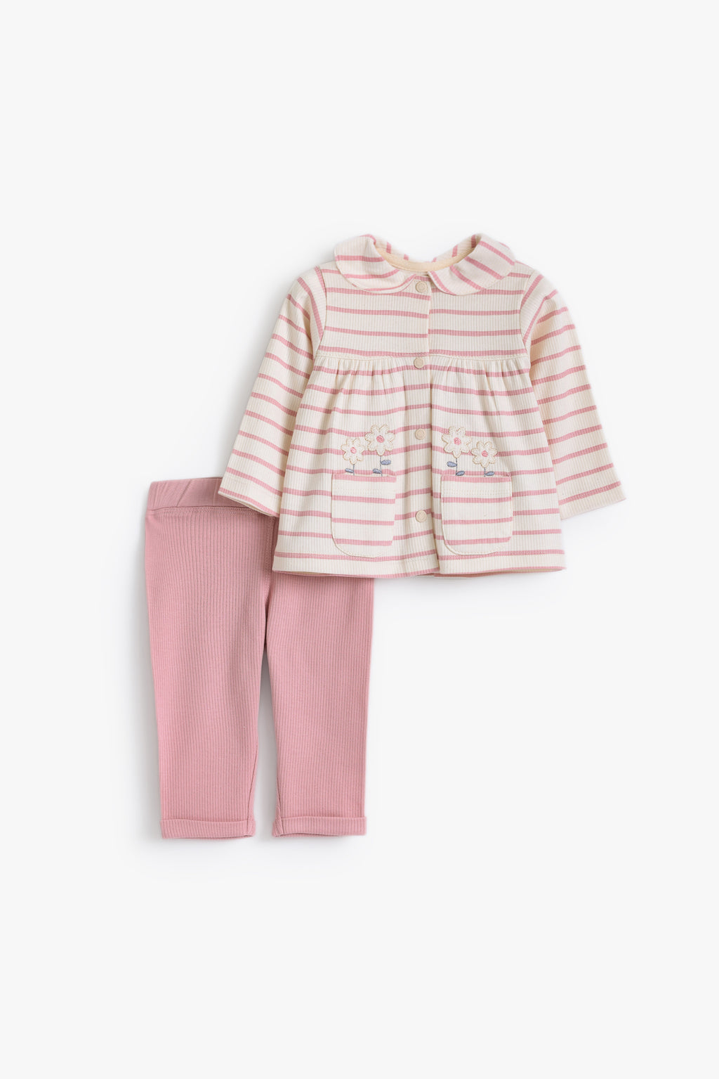 Junior Little Petal Collared Top & Legging Set - Pink Stripe