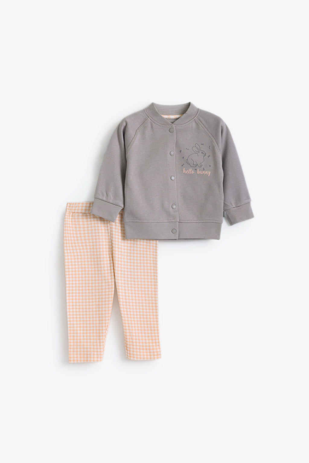 Junior Hello Bunny Popper Top & Footed Bottom Set - Grey & Apricot