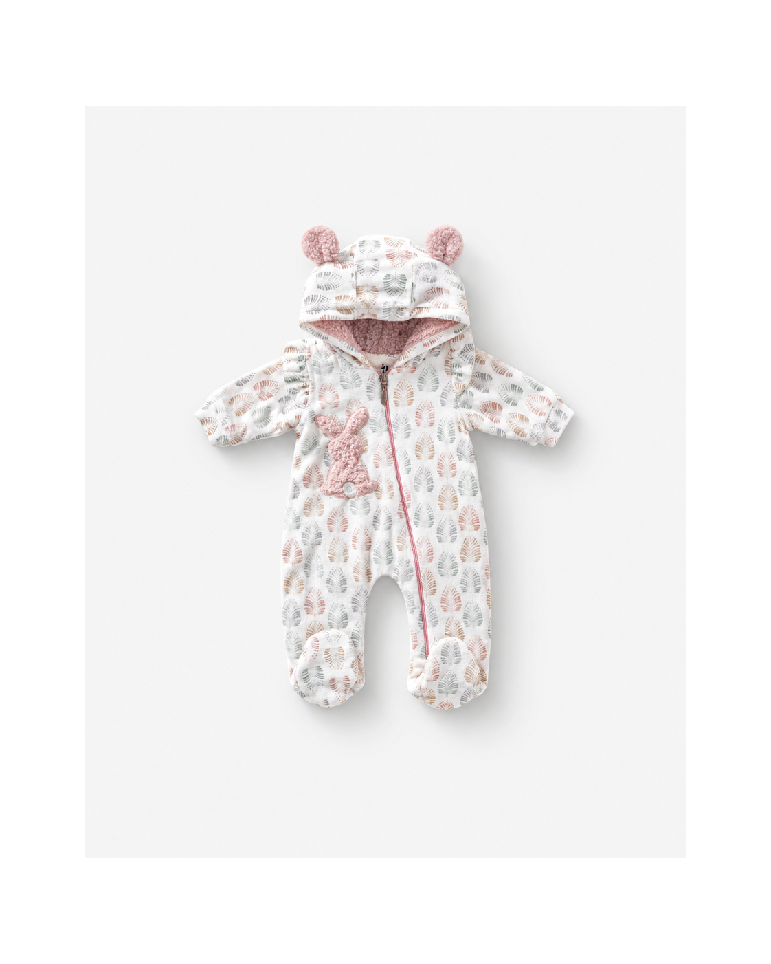 Baby Hooded Bear-Ear Sleepsuit - Blush Print