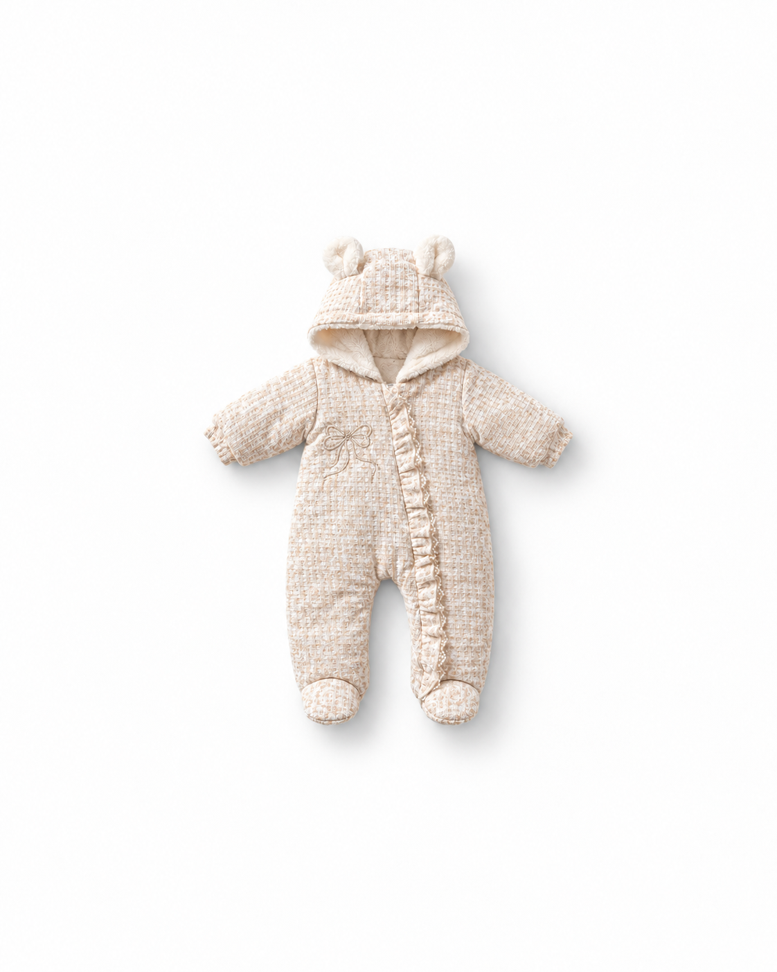 Baby Hooded Bear-Ear Pramsuit - Cream