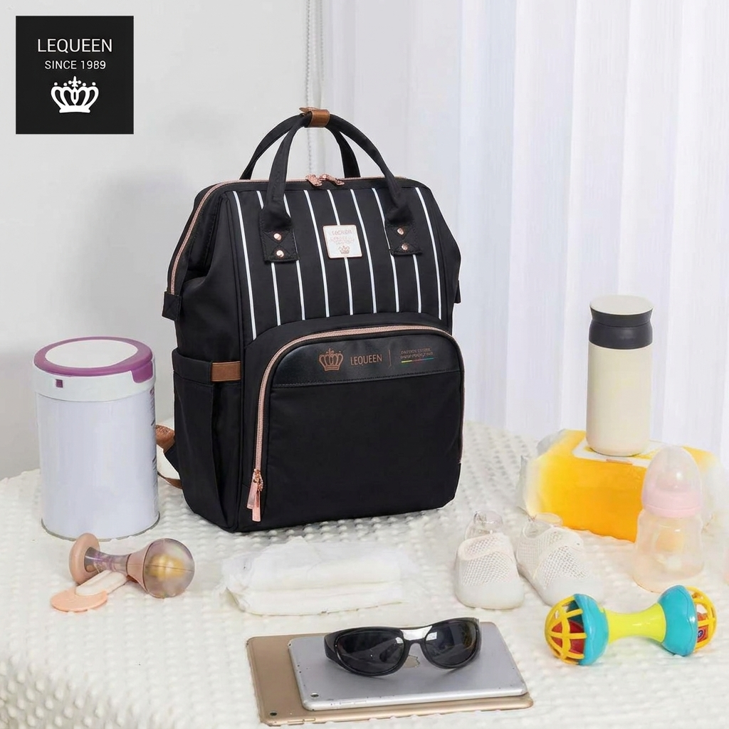 LEQUEEN Gen 8 Classic Diaper Backpack - Black Pinstripe