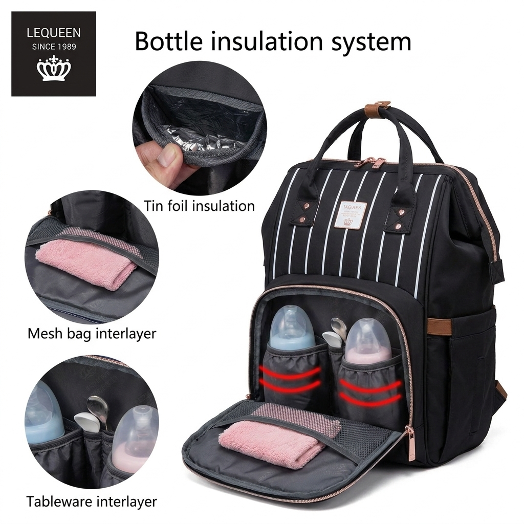 LEQUEEN Gen 8 Classic Diaper Backpack - Black Pinstripe