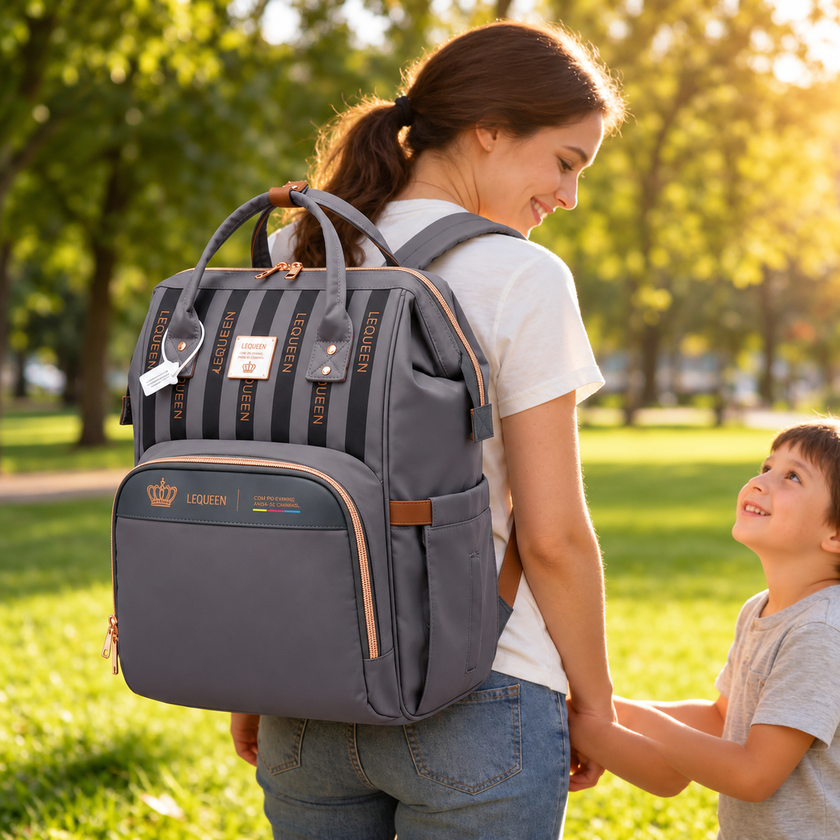 LEQUEEN Gen 8 Classic Diaper Backpack - Grey Pinstripe