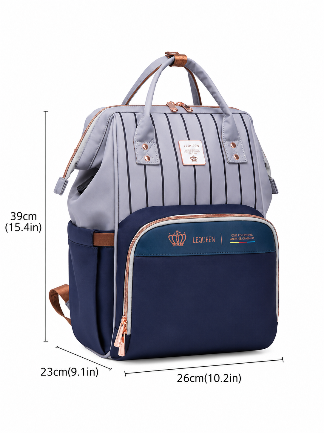 LEQUEEN Gen 8 Classic Diaper Backpack - Grey Pinstripe with Navy Base
