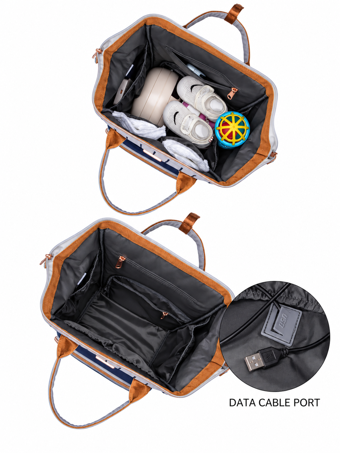 LEQUEEN Gen 8 Classic Diaper Backpack - Grey Pinstripe with Navy Base